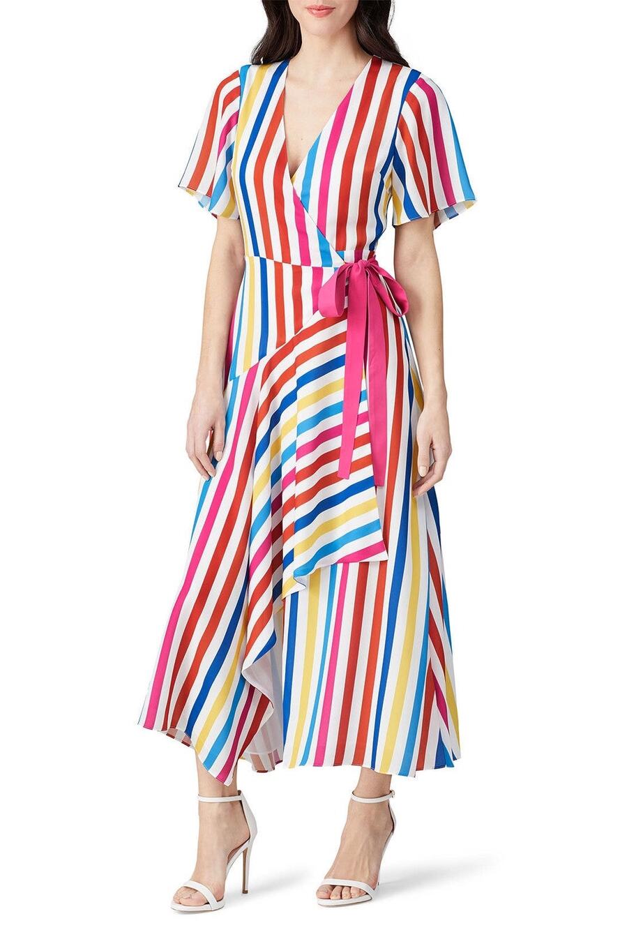Color Me Courtney Taira Multicolor Striped Short Sleeve Wrap Midi Dress Size S